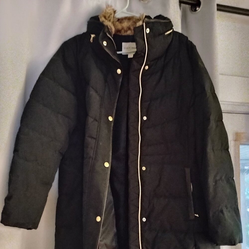 Cole Haan Womens Faux-Fur-Lined Down Puffer Coat XL Navy